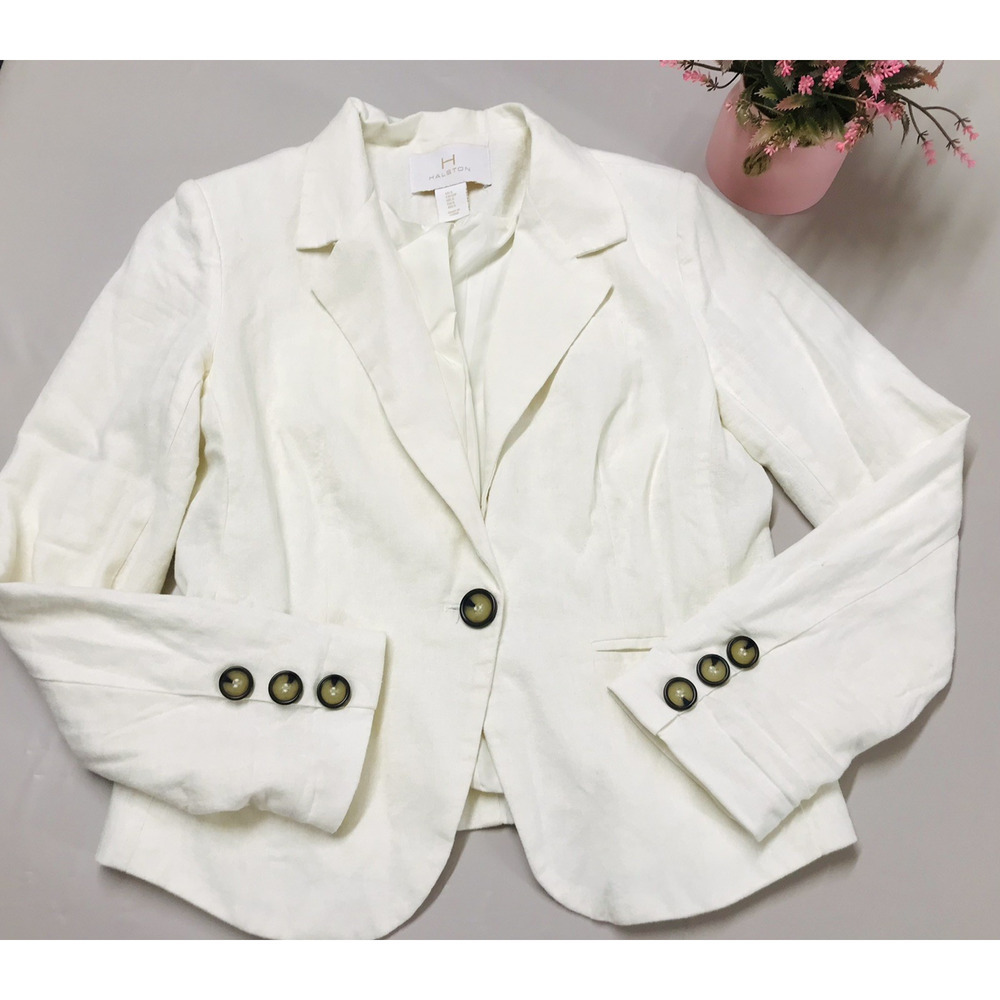 H By Halston White Linen Blazer Ivory Small Lined Coastal Chic Classic Capsule S